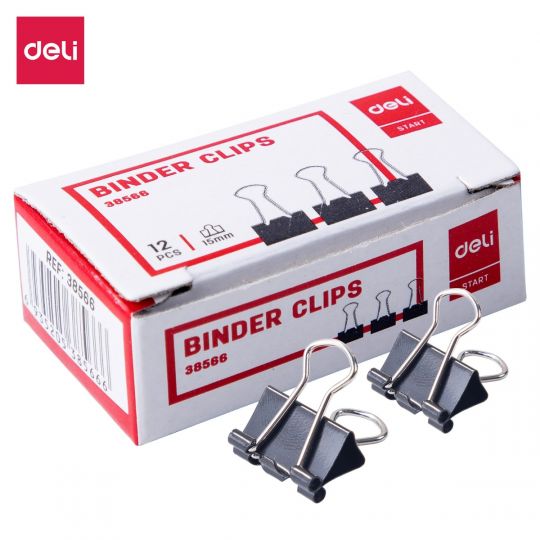 Deli W38566 15mm Binder Clips, 12 Pcs, Black